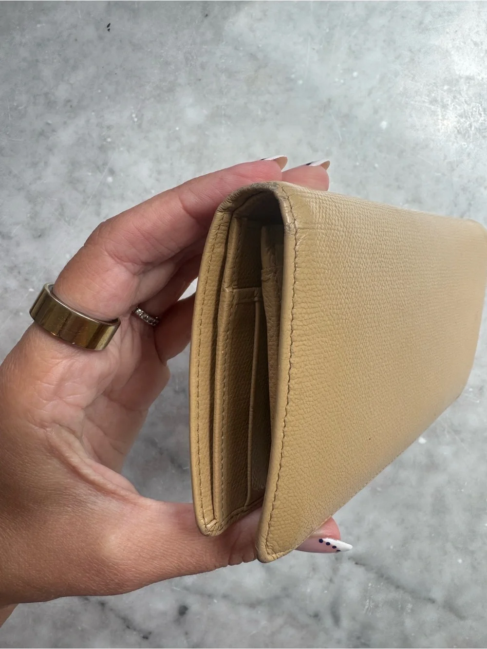 CHANEL Beige Leather Long Wallet with Gold CC Button